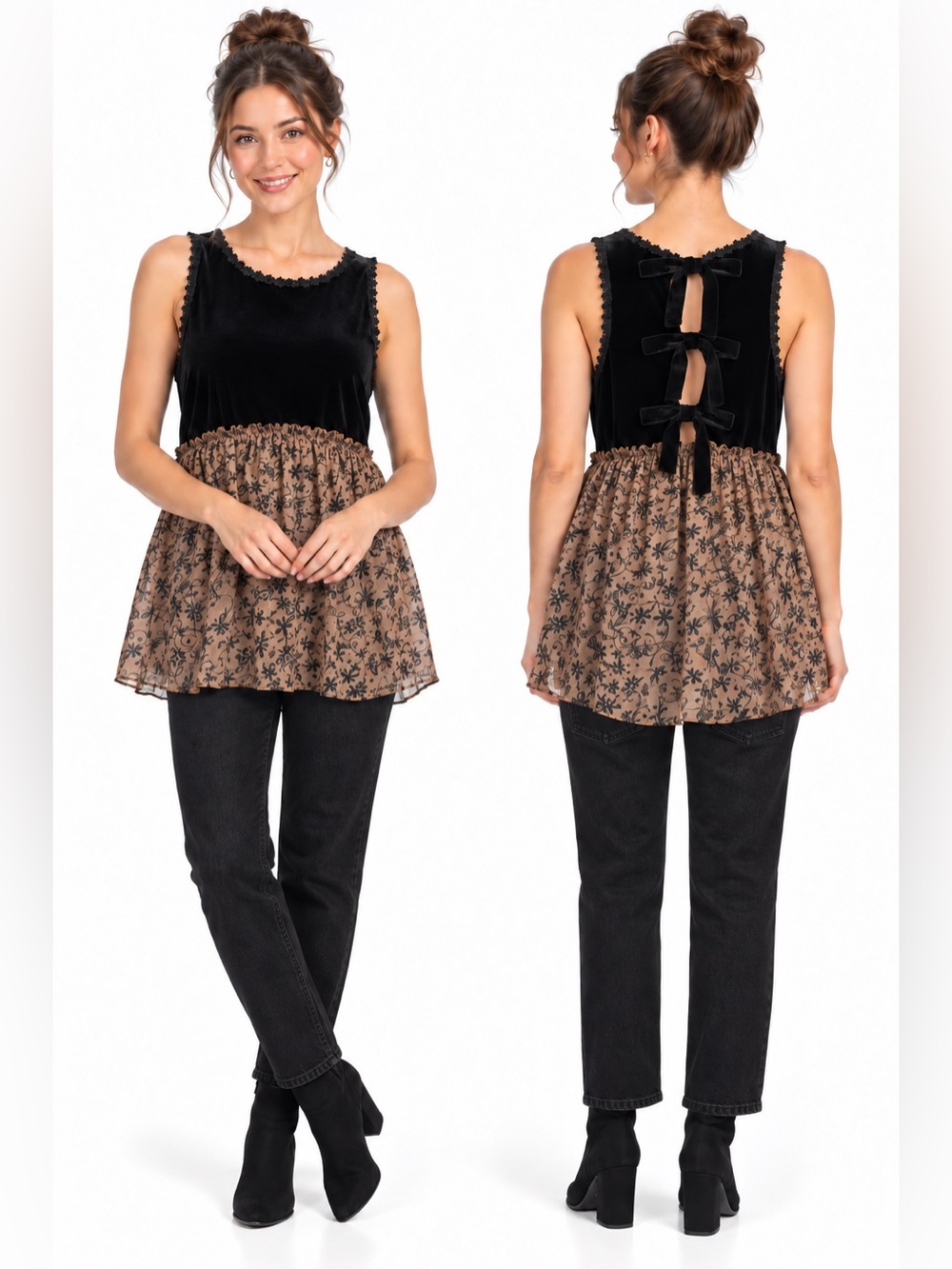 POL Black Velvet Floral Babydoll Top L Tie Back Fairy Grunge Boho Indie Sleaze